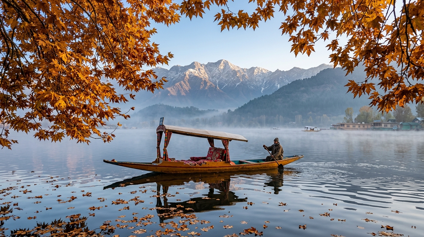 Vibrant golden and orange autumn Chinar trees lining a scenic mountain road in Kashmir