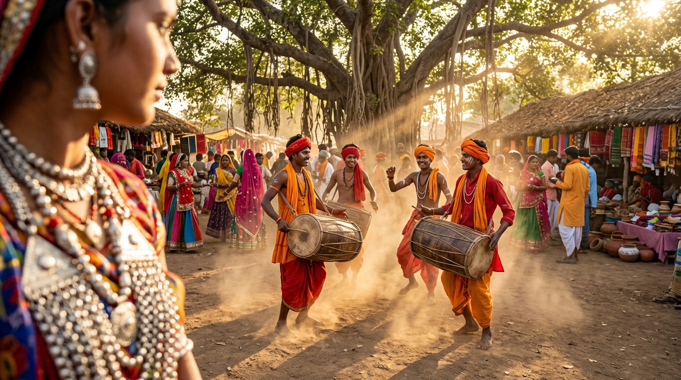Vibrant traditional dancer celebrating tribal festivals in India