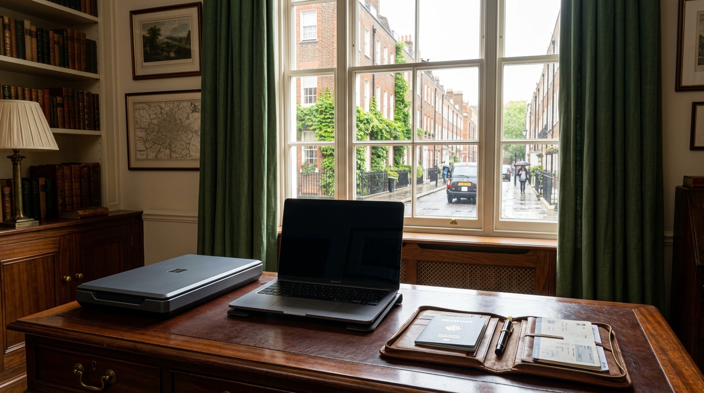 A laptop displaying the UK visa document upload VFS portal dashboard with categorized folders for financial and sponsor documents