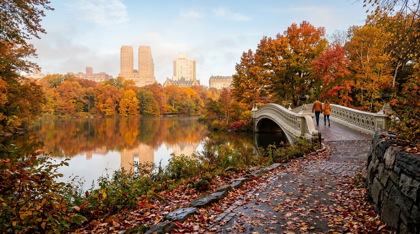 Beautiful autumn view of Central Park and New York City skyline representing the seasonal guide for USA tour packages from India