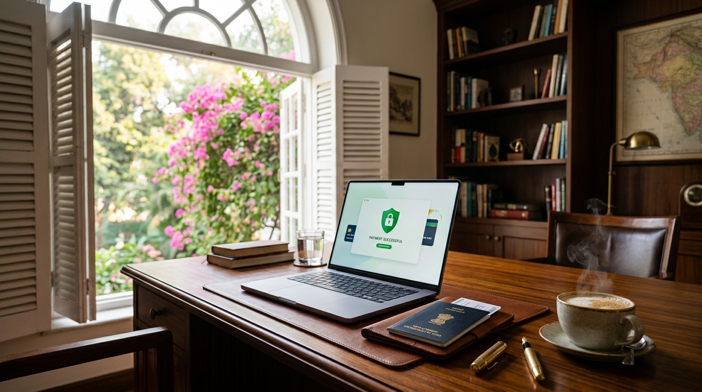 Offline visa fee payment processing at a partner bank branch in India