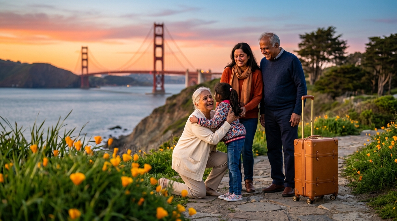 Elderly Indian travelers preparing for consular interview