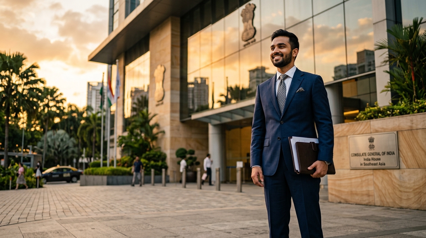 A well-dressed applicant holding a clean document folder ready to enter a consulate for a successful visa interview.