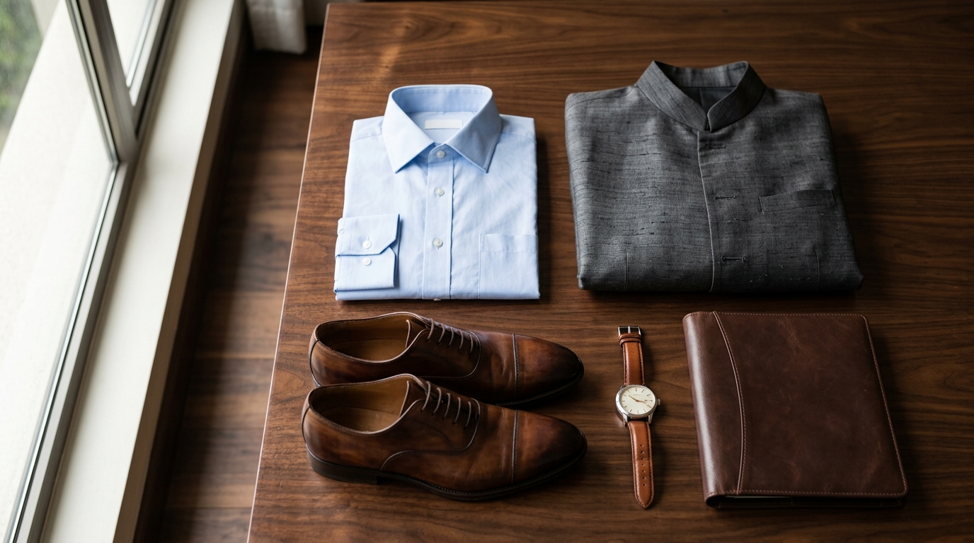 A professional and conservative visa interview dress code selection featuring a neatly ironed shirt, formal trousers, and classic leather shoes.