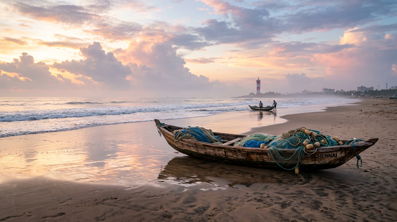 Scenic view of the golden sands and rolling waves of Marina Beach in Chennai
