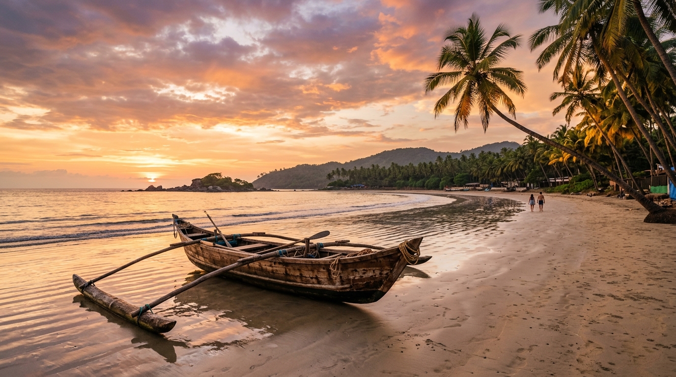 Beautiful coastline of Goa showing tropical palm trees and sandy beaches
