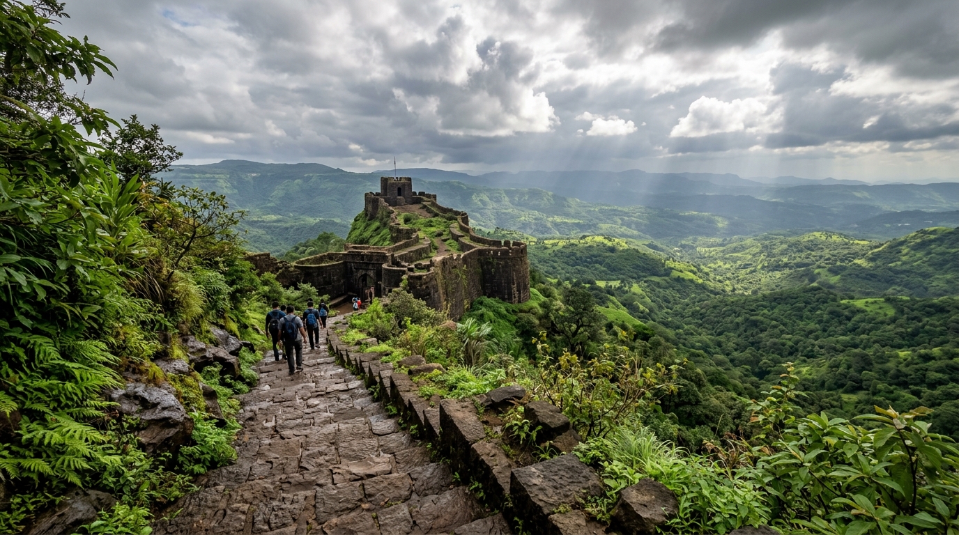 A beautiful panoramic viewpoint overlooking the deep valleys and hills in Mahabaleshwar