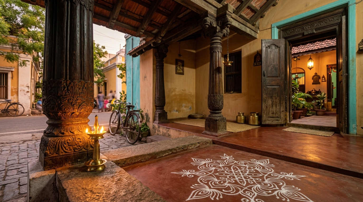 Beautiful colonial French architecture with grand arches and pastel hues in Pondicherry