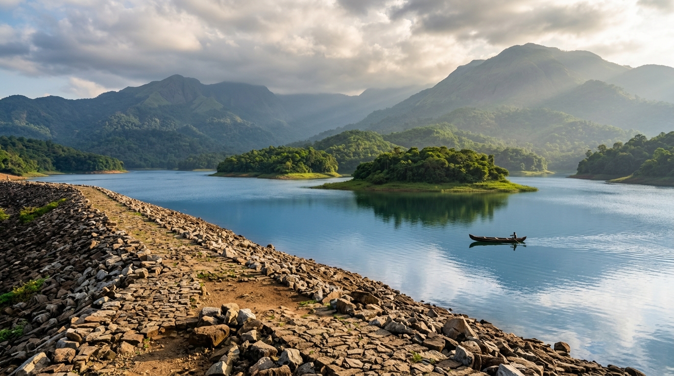 Scenic view of the lush mountains and heart-shaped lake, illustrating what are the places to visit in wayanad