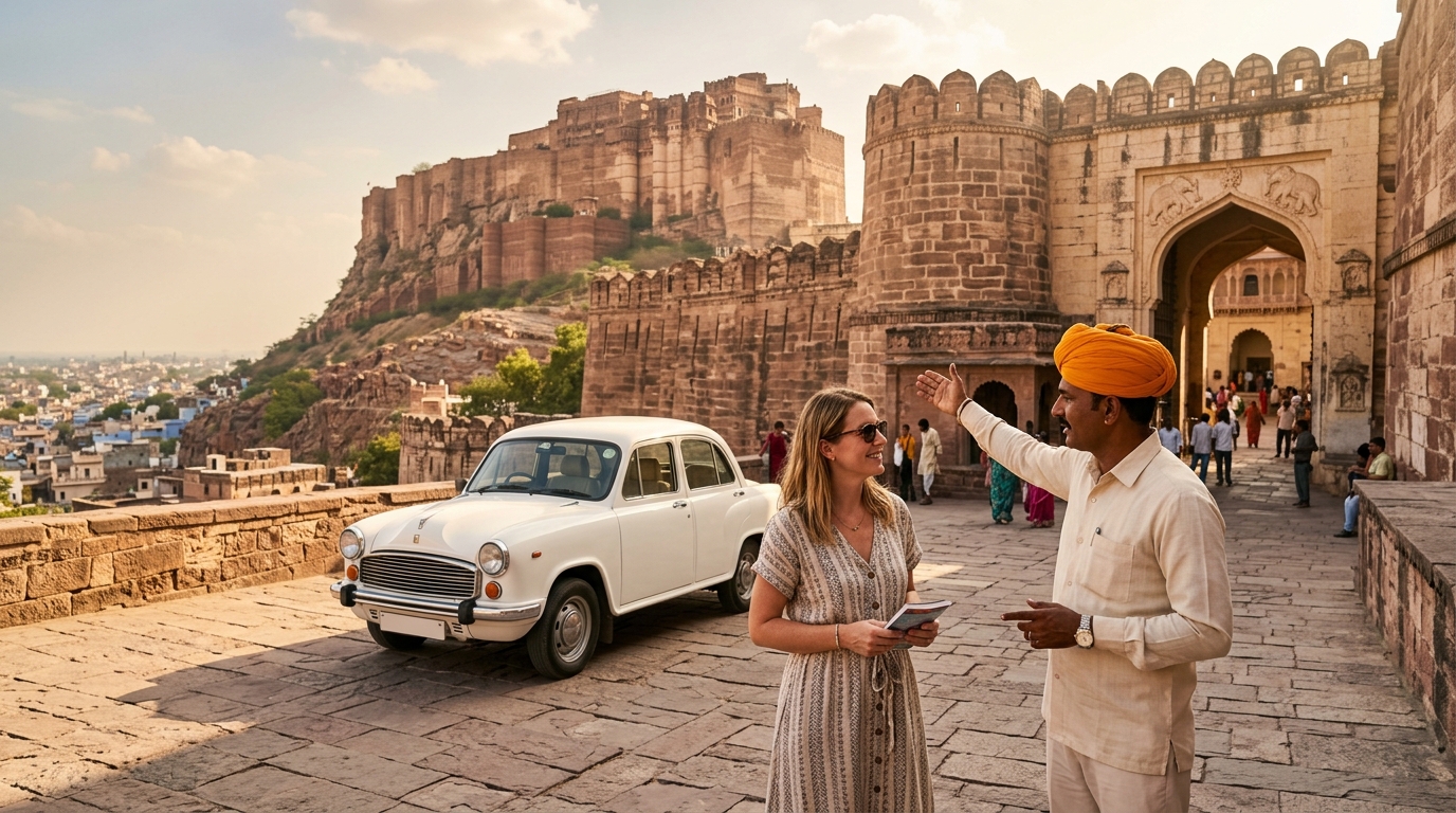A professionally guided tour group exploring historic monuments on an all-inclusive tour package