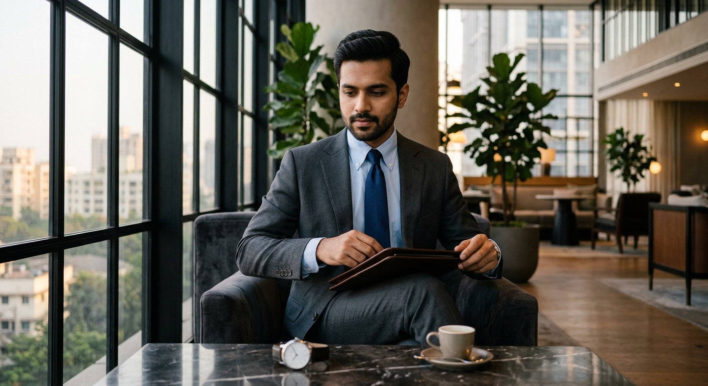 A well-dressed applicant selecting appropriate corporate and smart-casual clothing for a US visa interview