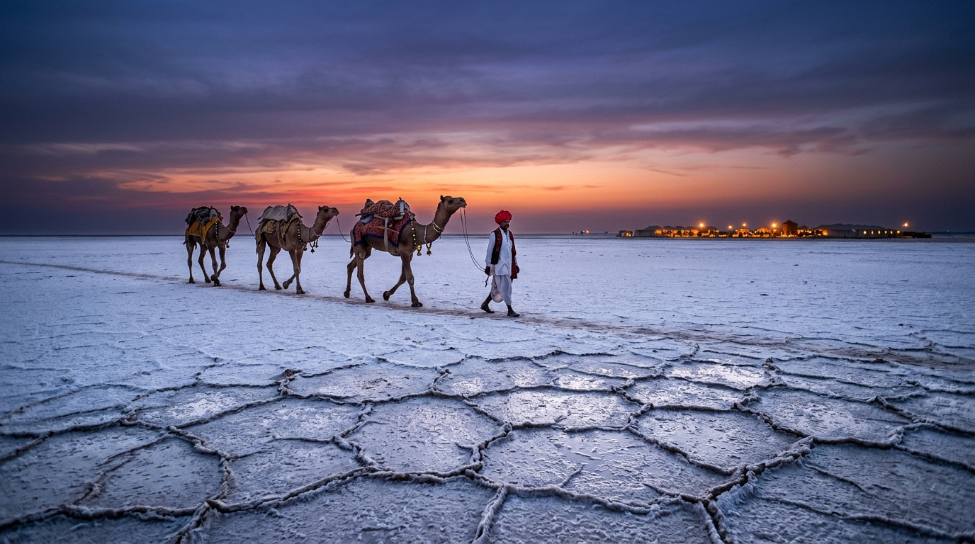 The vast white salt flats of the Great Rann of Kutch under a bright sky, illustrating which is the best place to visit in December for cultural travelers