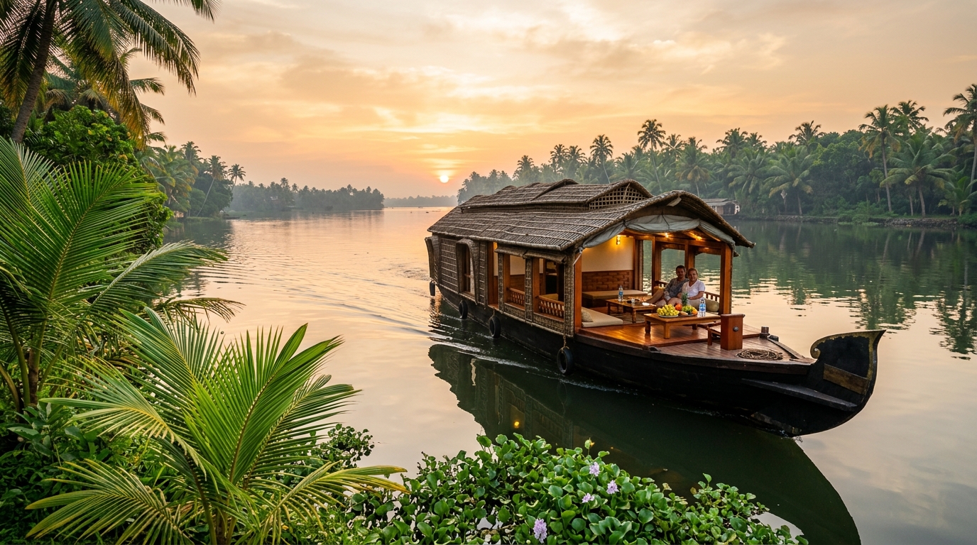 A beautiful wooden houseboat sailing through the peaceful palm-fringed backwaters of Kerala, highlighting which is the best place to visit in December for a warm winter retreat