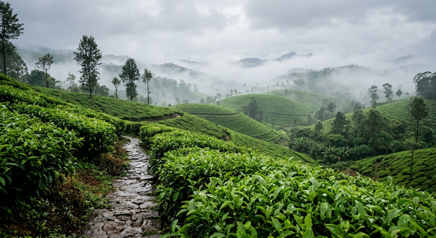 Lush green landscape with cascading waterfalls in the Western Ghats during the peak monsoon season