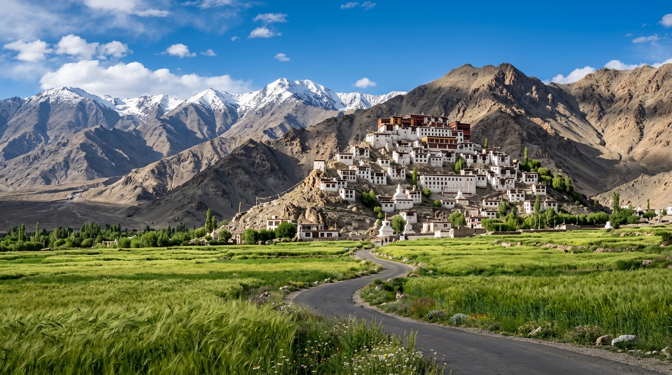 Spectacular high-altitude mountain landscape in Leh Ladakh under clear blue skies during August