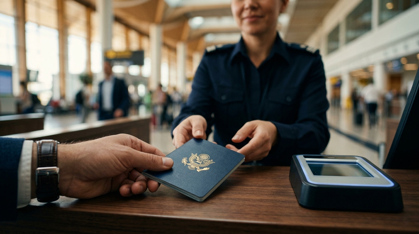 A traveler holding an Indian passport at an airport terminal, demonstrating why passport is required for international travel