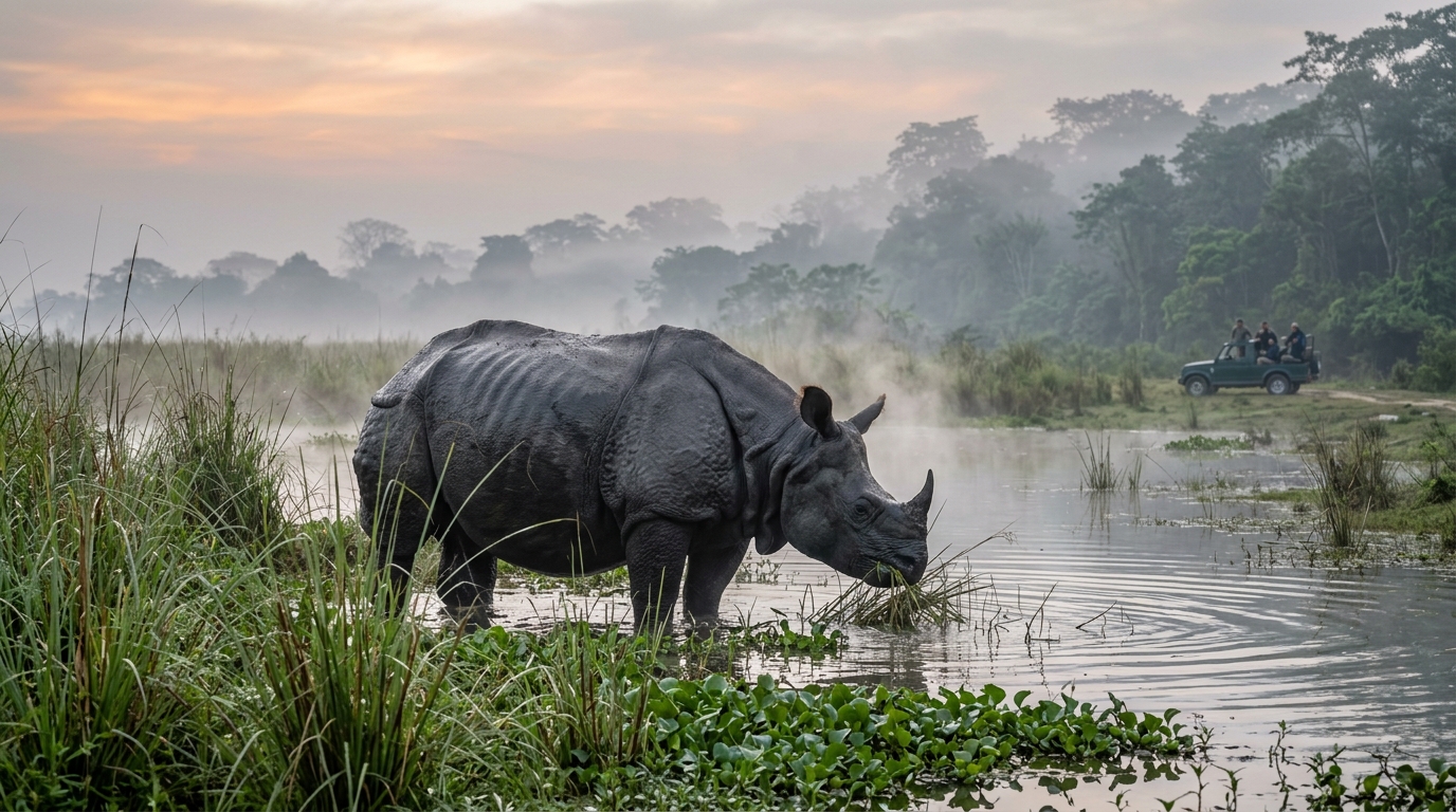 A majestic Bengal tiger walking through the lush grasslands of a premier wildlife sanctuary in India