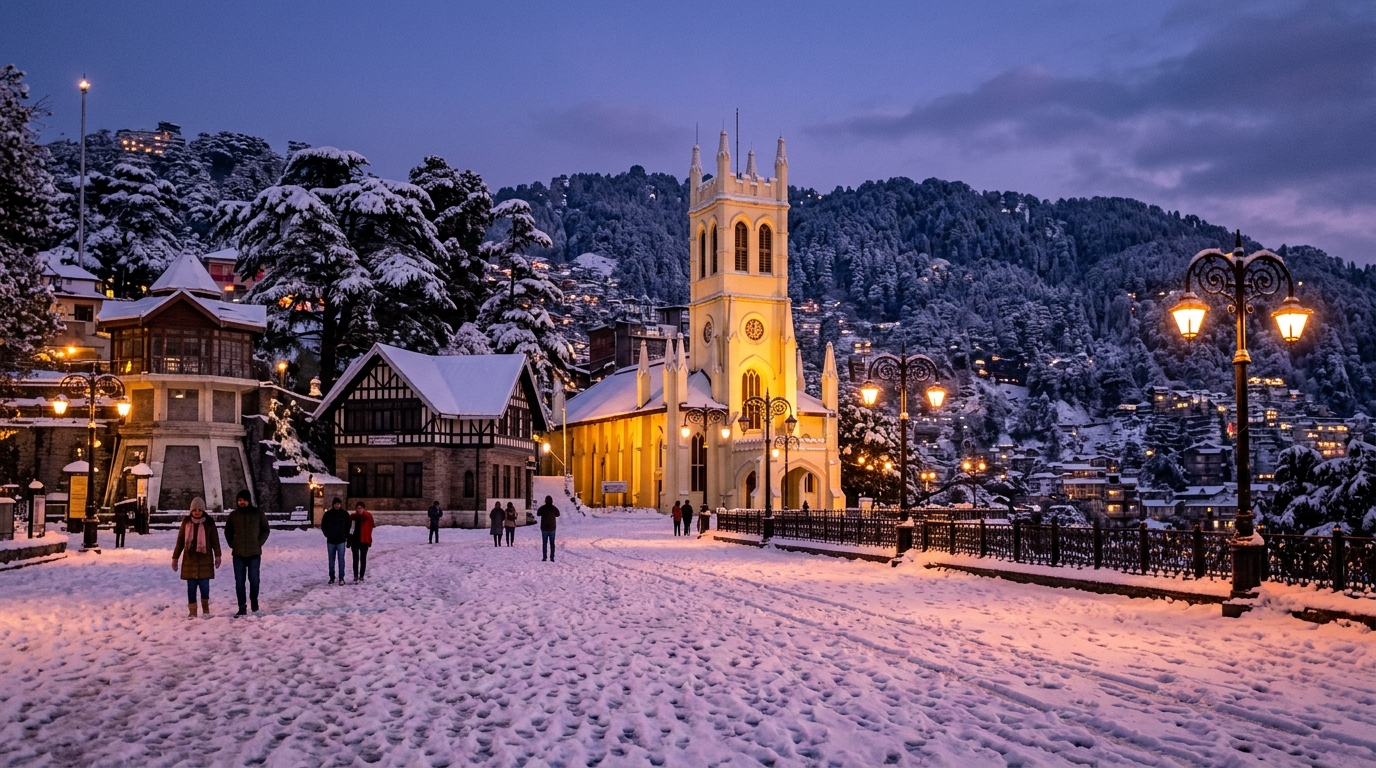 Pristine snow-covered slopes and alpine wooden resorts in India during winter