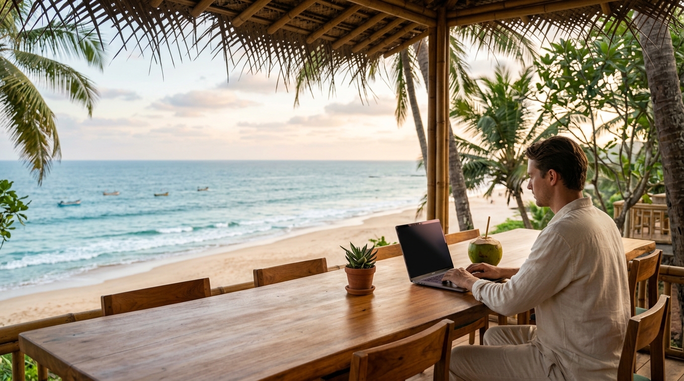 A remote worker enjoying a scenic mountain view during a workation in India
