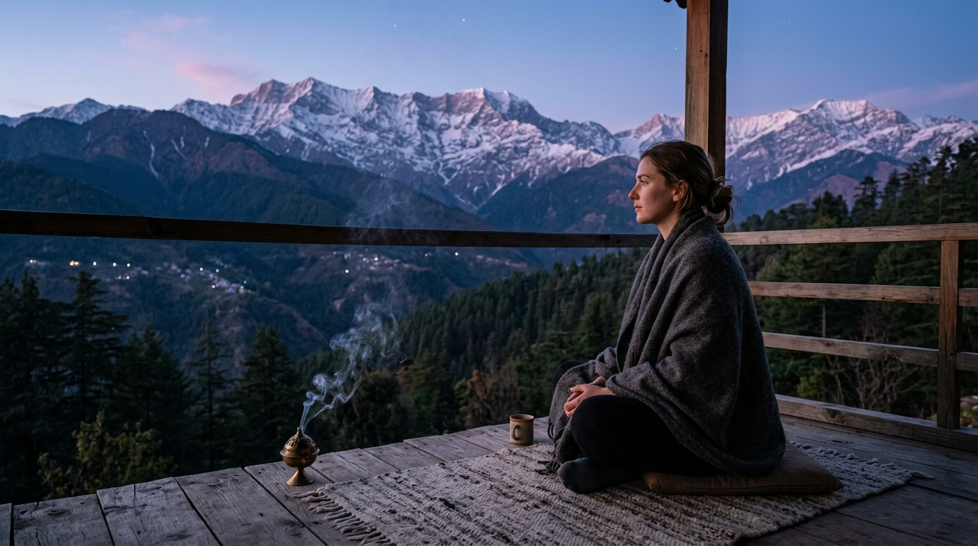 A serene sunset view from a peaceful yoga retreat in India