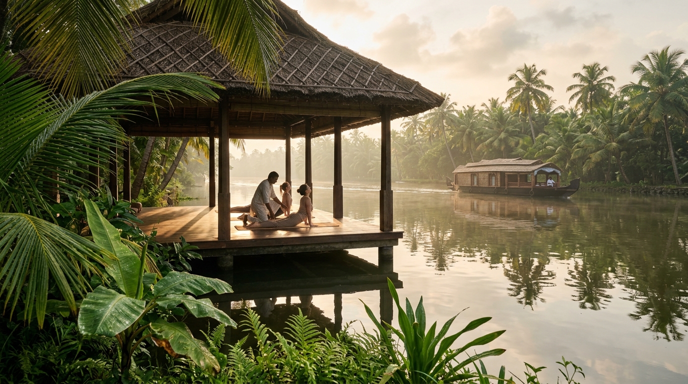 Morning practice session at a yoga retreat in India